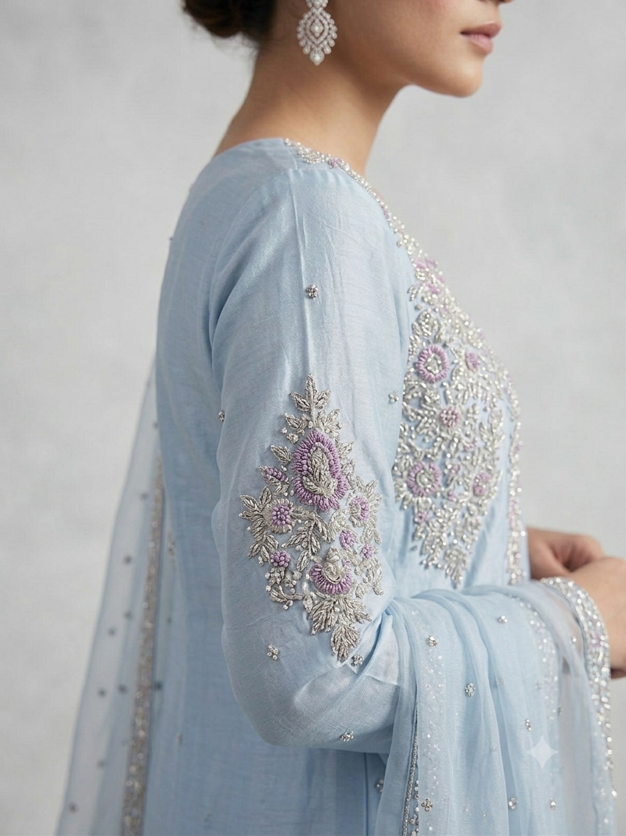 Sophisticated Ice blue silk angarkha thumbnail 4