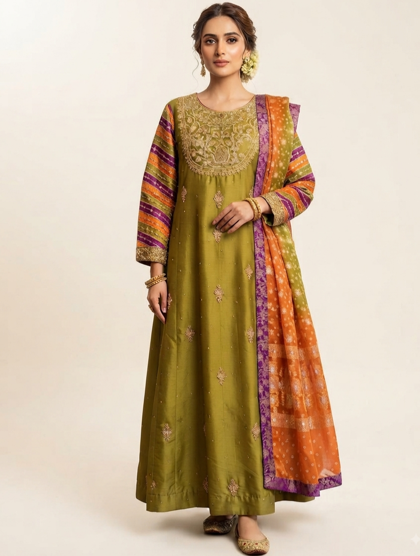 Olive & Multi-Hued Striped Embroidered dress – photo 1