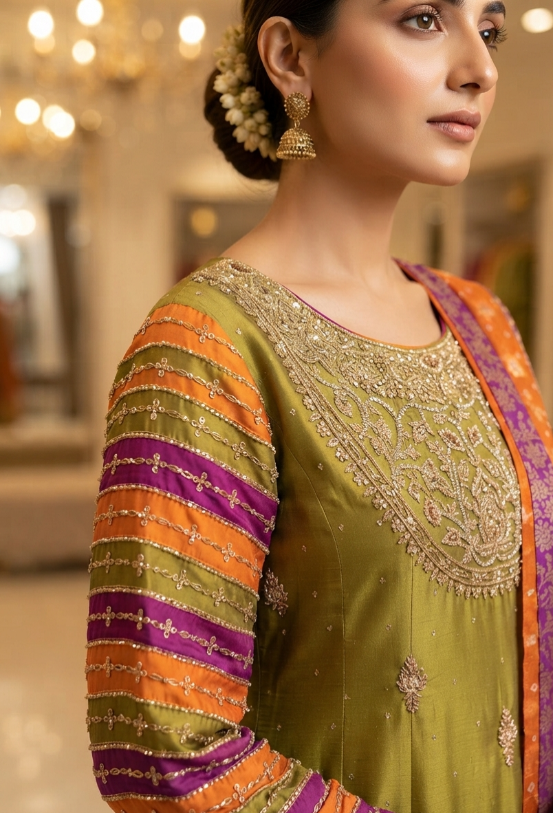 Olive & Multi-Hued Striped Embroidered dress thumbnail 2