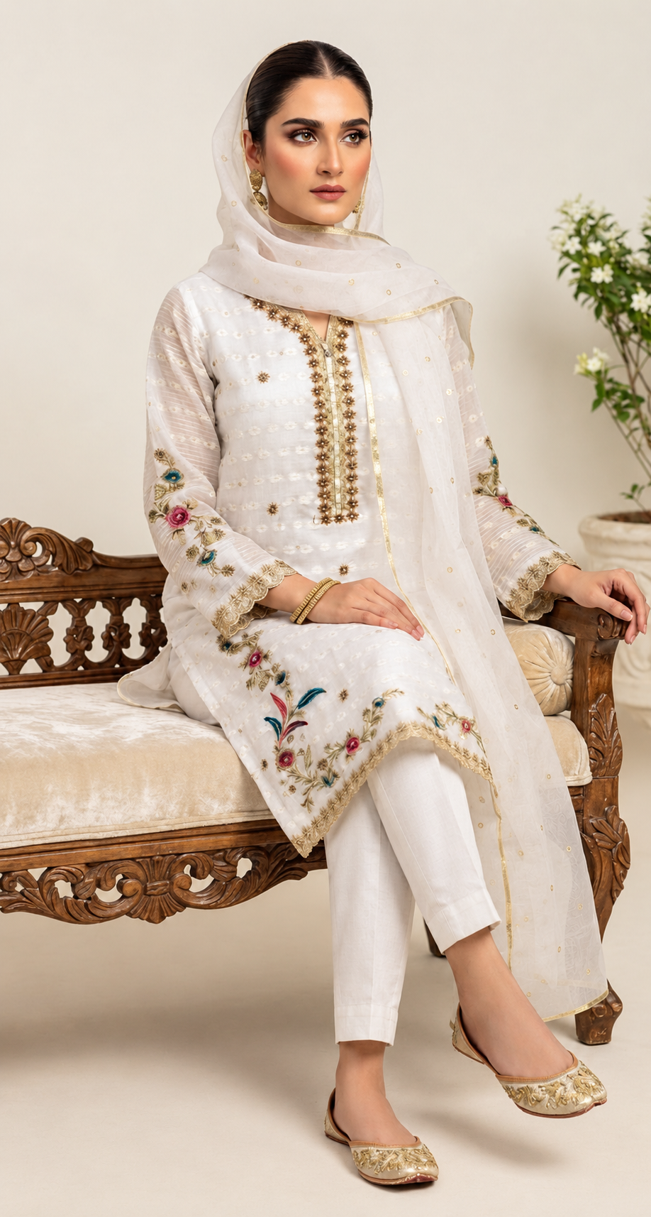 White Floral Zardozi Suit thumbnail 3
