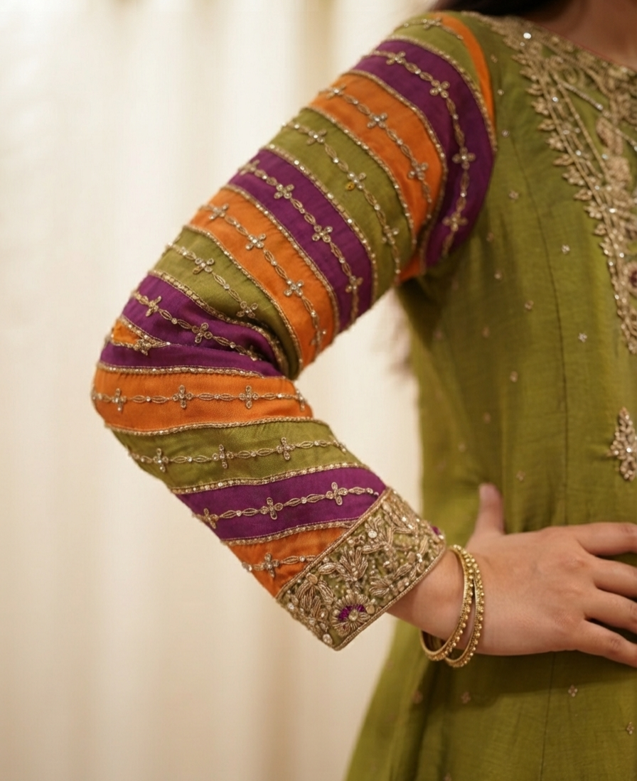 Olive & Multi-Hued Striped Embroidered dress thumbnail 3