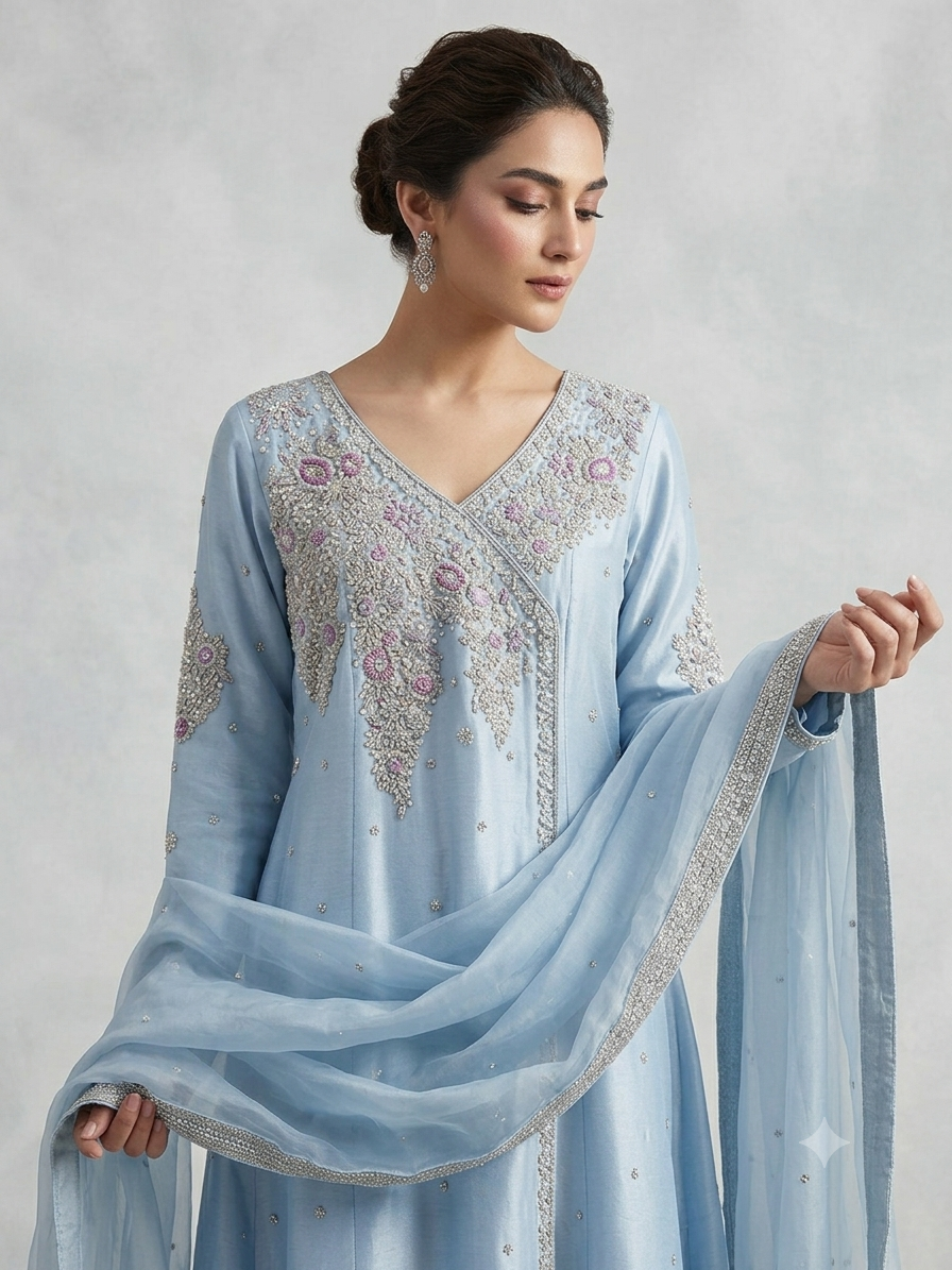 Sophisticated Ice blue silk angarkha thumbnail 3