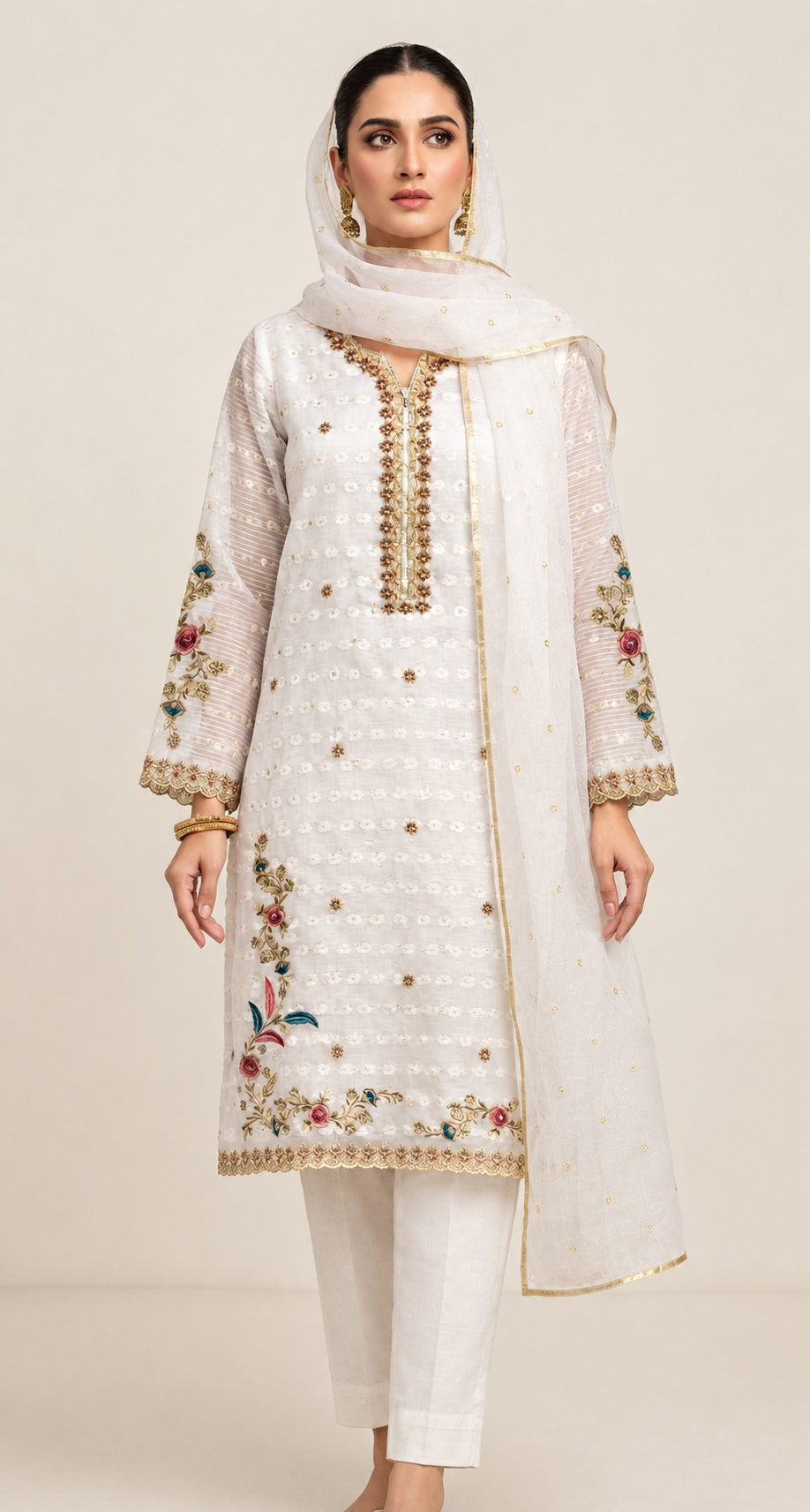 White Floral Zardozi Suit