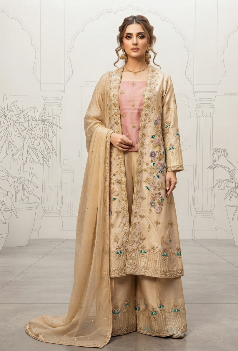 Ethereal Champagne Embellished Kurta & Palazzo Set