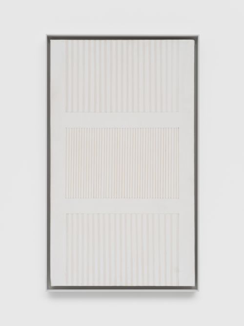 Elaine Reichek
Untitled #11, 1972
Gesso, acrylic, thread and graphite on canvas
24 x 14 inches
61 x 35.6 cm
