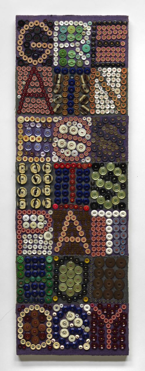 Jeff Perrone
Greatness is Pathology, 2009
Mud cloth, buttons, and thread on canvas
36 x 12 inches
91.4 x 30.5 cm