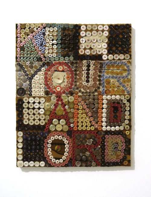 Jeff Perrone
Kill Your Landlord, 2016
Mud cloth, buttons, and thread on canvas
20 x 16 inches
50.8 x 40.6 cm