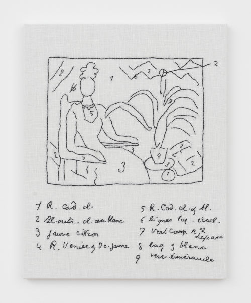 Elaine Reichek
Matisse's Tapestry Notes for "Michaela", 2021
Hand embroidery on linen
16.875 x 13.5 inches
42.9 x 34.3 cm