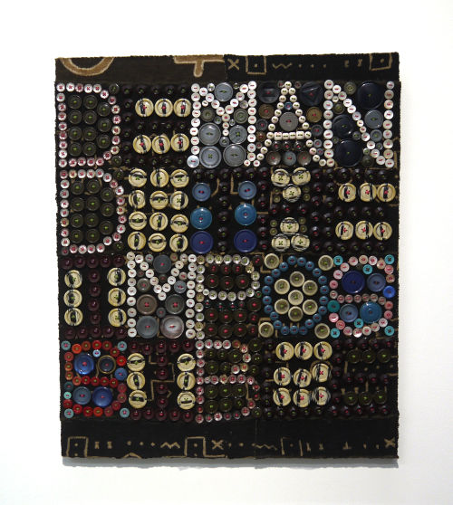 Jeff Perrone
Demand the Impossible, 2010
Mud cloth, buttons, and thread on canvas
24 x 20 inches
61 x 50.8 cm