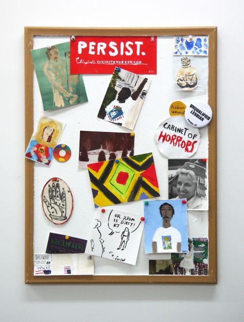 RJ Supa
Corkboard, 2019
Acrylic, gouache, archival ink on paper and canvas, found photograph, ephemera, corkboard, thumbtacks 
24 x 18 inches
61 x 45.7 cm