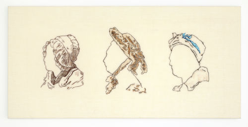 Elaine Reichek
Greuze, Bartolozzi, Chardin, 2018
Hand embroidery on linen
13.25 x 27.5 inches
33.7 x 69.9 cm