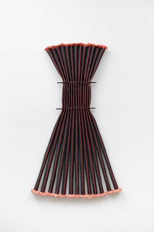 Brenda Mallory
Now We Reap: Flat Fire, 2026
deconstructed firehose, charcoal from Flat Fire near Sisters, Oregon, pigment, threaded rods, nuts
54 x 32 x 3 inches
137.2 x 81.3 x 7.6 cm
