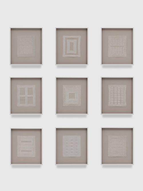 Elaine Reichek
White Mesh, 1976
Spray-painted needlepoint mesh, thread
Overall 41.75 x 37.625 inches
106 x 95.6 cm
Each unit framed 11.25 x 9.875 inches
28.6 x 25.1 cm
each 9.5 x 8 inches
24.1 x 20.3 cm