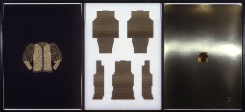Elaine Reichek
Gold Sweater, 1982
Knitted metallic and wool yarn, colored pencil on graph paper, gold-toned gelatin silver print mounted on gold foil paper
39.5 x 87 inches
100.3 x 221 cm