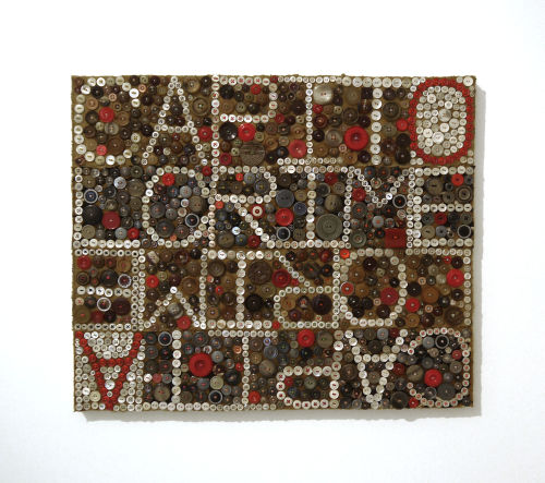 Jeff Perrone
Capital Crime Capital Crime, 2013
Mud cloth, buttons, and thread on canvas
20 x 24 inches
50.8 x 61 cm