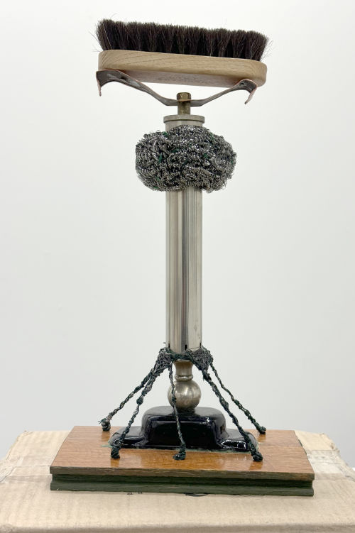 Sheila Pepe
Table Top Things: Votive for the “Statue of Livery,” 2023 
Wood, metal, wire, shoe brush, green thread and paint
12.5 x 7.5 x 4.5 inches
 31.75 x 19.05 x 11.43 cm