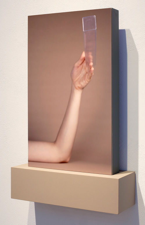 Ellie Krakow
Beige Negative Photo Panel #5 (Beige with Clear Square & Purple with Grey Drape), 2017
photos on aluminum, wood and paint
19 x 11.5 x 2 inches
48.3 x 29.2 x 5.1 cm