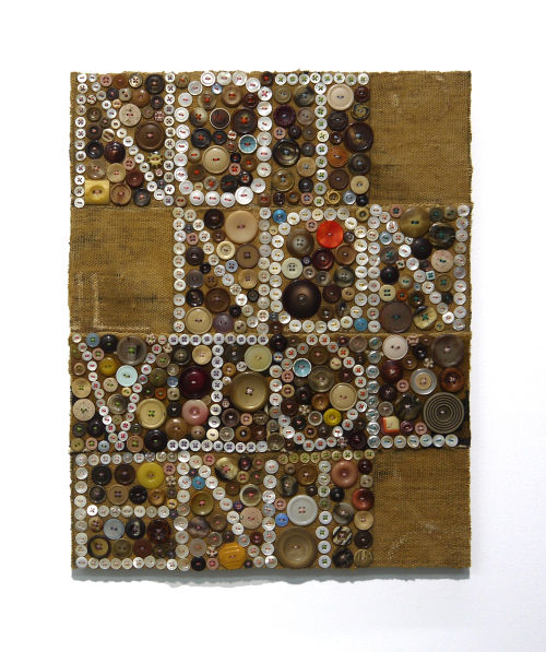 Jeff Perrone
Not Nonviolent, 2010
Mud cloth, buttons, and thread on canvas
20 x 16 inches
50.8 x 40.6 cm