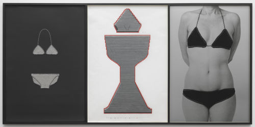 Elaine Reichek
Bikini, 1982
Knitted metallic yarn, colored pencil on graph paper, and silver-toned gelatin silver print
41 x 84 inches
104.1 x 213.4 cm
