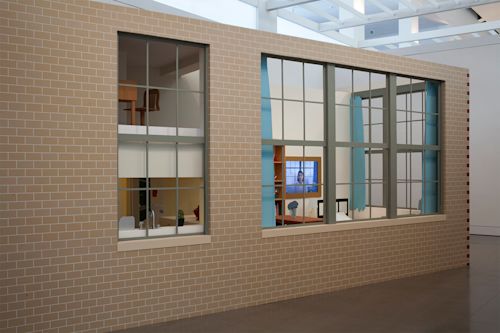 Meredith James
Mobius City, 2015
sculptural apartment: wood and acyrlic paint, 25 x 16 x 11 feet, video: HD video, no sound, 7 minutes, 56 seconds. 
Installation at The Queens Museum, Queens, NY.