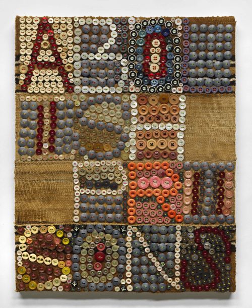Jeff Perrone
Abolish Prisons, 2011
Mud cloth, buttons, and thread on canvas
20 x 16 inches
50.8 x 40.6 cm