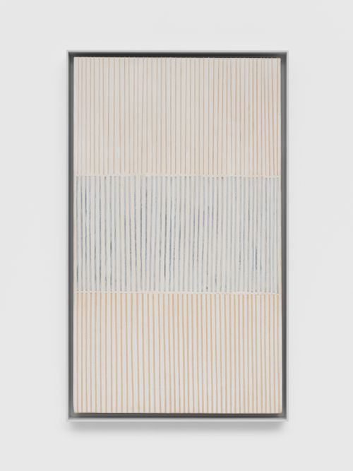 Elaine Reichek
Untitled #17, 1973
Gesso, acrylic, tape and graphite on canvas
24 x 14 inches
61 x 35.6 cm