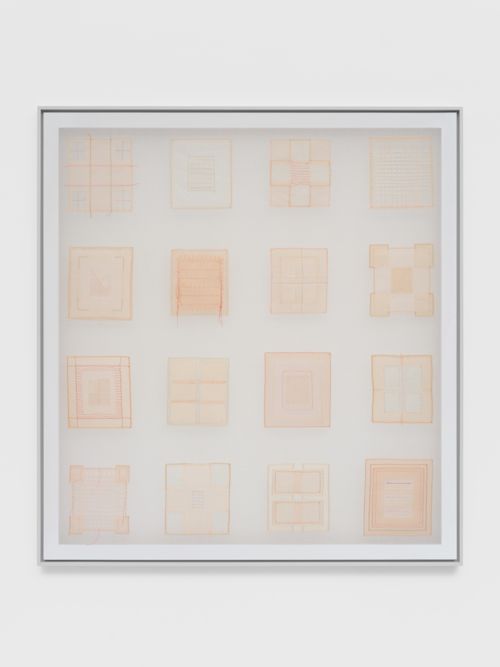 Elaine Reichek
Pink Piece, 1977/2025
Organdy and thread
52 x 48.5 inches
132.1 x 123.2 cm
