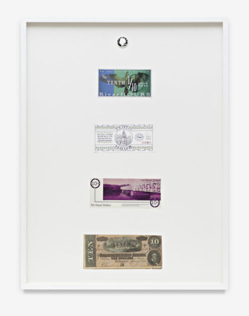 Brad Troemel
1 NORFED $10 .999 Silver Round / 3 time-based Community currencies / 1 Confederate $10 currency note, 2014
NORFED $10 silver round, time-based Community currency, and Confederate $19 currency note
24.75 x 18.5 inches
62.9 x 47 cm