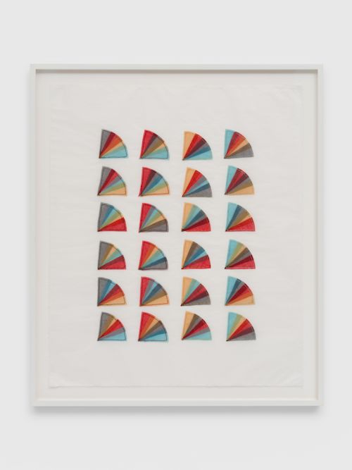 Elaine Reichek
Fan Factorial #2, 1977
Organdy sewn to Kozoshi paper
29 x 24 inches
73.7 x 61 cm