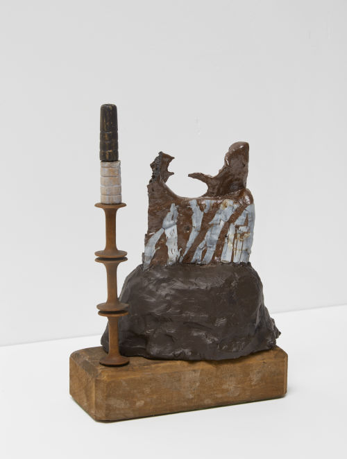 Sheila Pepe
Tabletop things; Votive Modern: Mitre and Crosier, 2023
Wood, metal, fake clay, over-fired low-fire clays, paint
6 x 3 x 8 3/4 inches
15.2 x 7.6 x 22.2 cm
