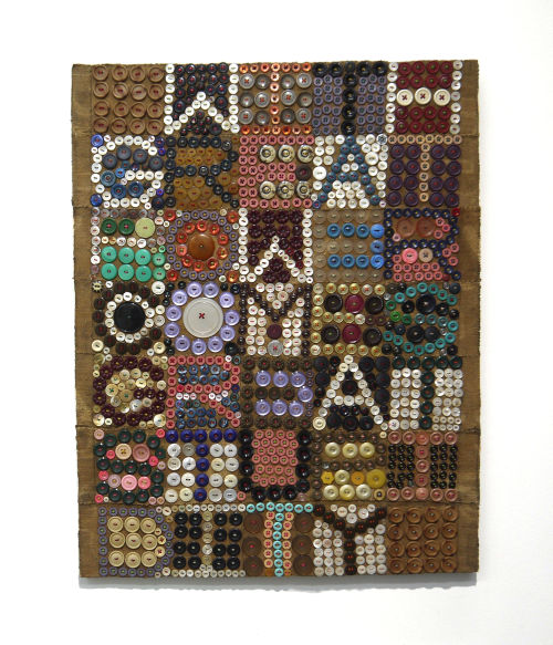 Jeff Perrone
With Great Power Comes Great Stupidity, 2009
Mud cloth, buttons, and thread on canvas
28 x 22 inches
71.1 x 55.9 cm