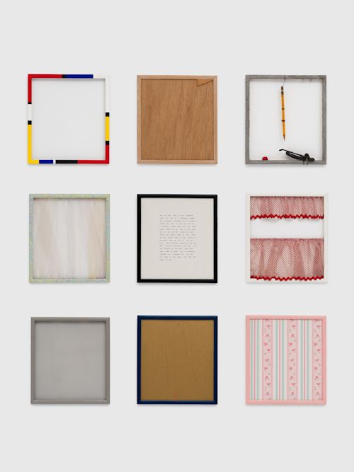 Elaine Reichek
The Life & Times of Art, 1979
Wood, paint, fabric, wire screen, ink on paper, printed wallpaper, pencil, wire, wood and metal miniatures
9 units, each 10.75 x 9.75 inches
27.3 x 24.8 cm
Overall 41.25 x 38.25 inches
104.8 x 97.2 cm