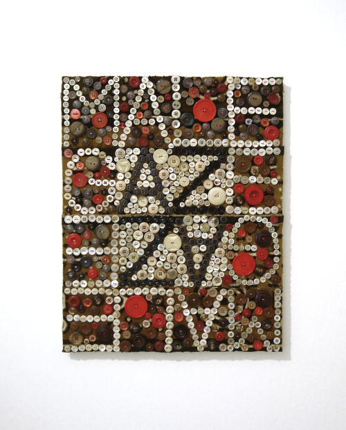 Jeff Perrone
Male Gaze Male Gaze, 2014
Mud cloth, buttons, and thread on canvas
20 x 16 inches
50.8 x 40.6 cm