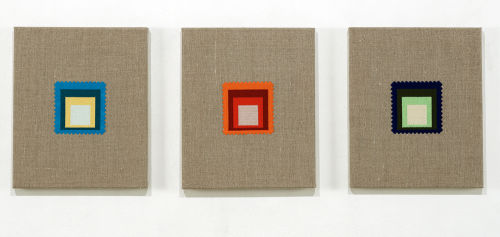 Elaine Reichek
Swatches, Albers 1-3, 2007
Digital embroidery on linen
Each panel:
12 x 10 inches
30.5 x 25.4 cm
Edition 1 of 3, with 1 AP