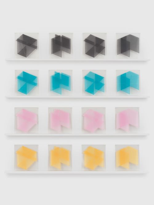 Elaine Reichek
Parallelograms (Gray, Turquoise, Pink, Yellow), 1977-2024
Organdy, thread, Plexiglas, plastic screw posts
77 x 77 inches
195.6 x 195.6 cm
overall
14 x 13 inches
35.6 x 33 cm
each (16 panels)