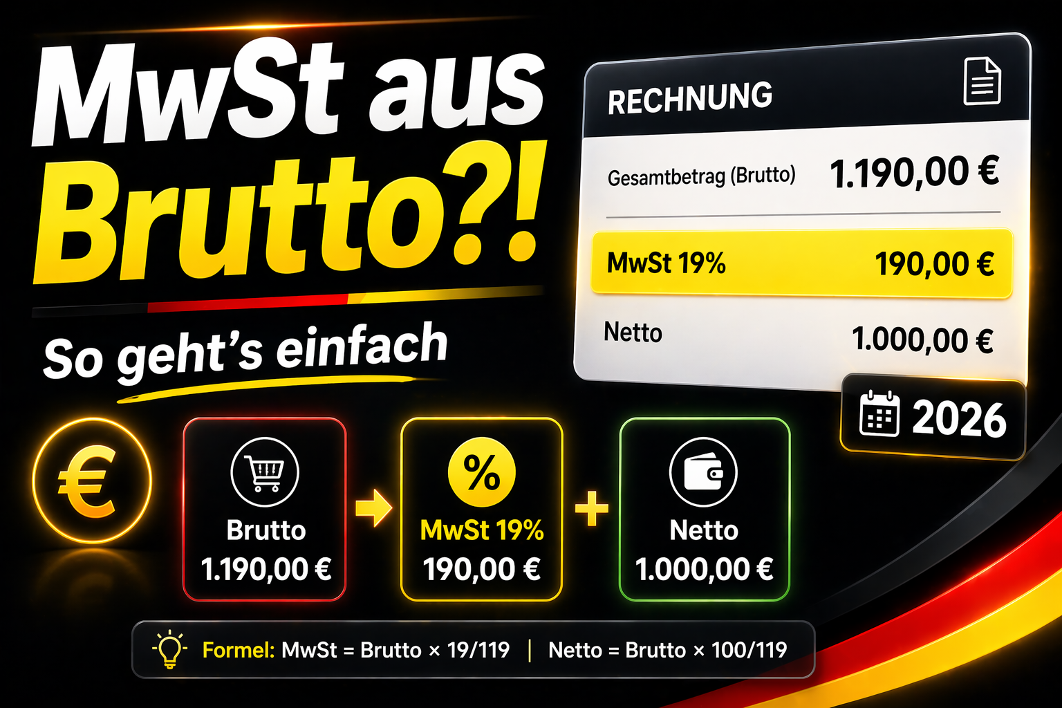MwSt aus Brutto berechnen – einfache Formel & Beispiele (2026)