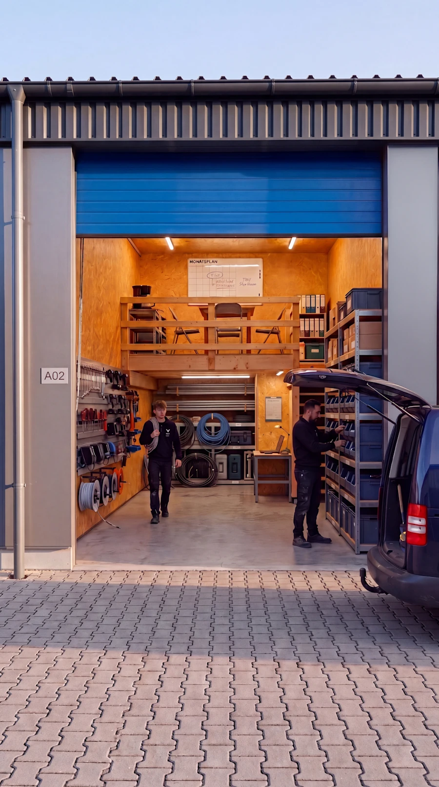 2 Männer in einer Drive-up Garage