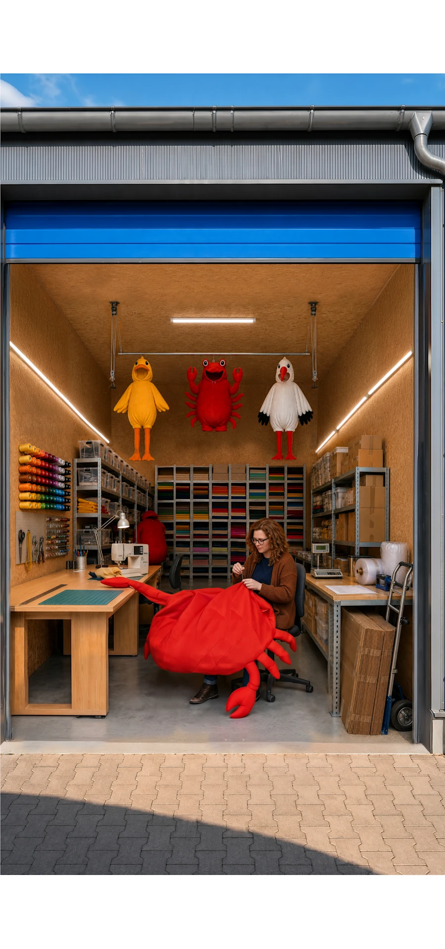 A woman is sewing a costume in a storage unit.