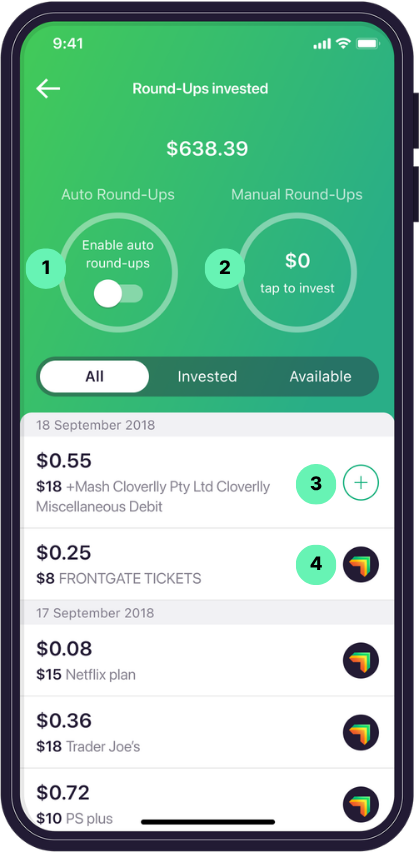 Raiz app Round-Ups screen
