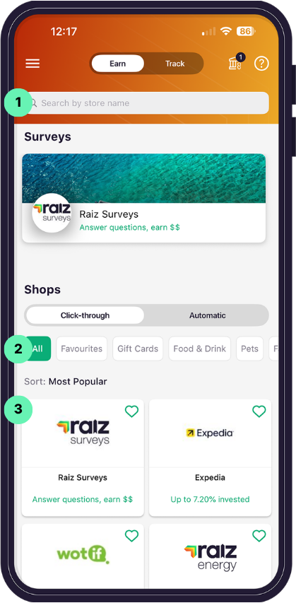 Raiz app Raiz Rewards screen