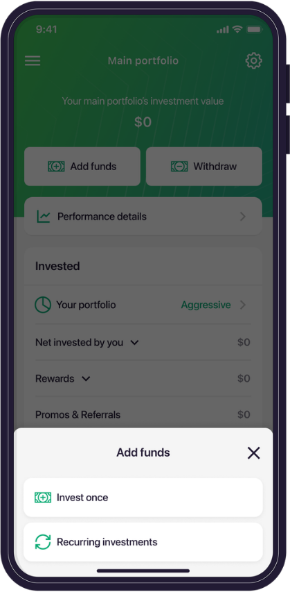 Raiz app Add funds and Withdraw screen