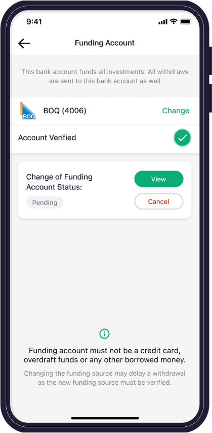 Raiz app Linking and Changing your Funding Account screen