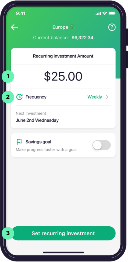 Raiz app Set a Recurring Deposit/Savings Goal screen