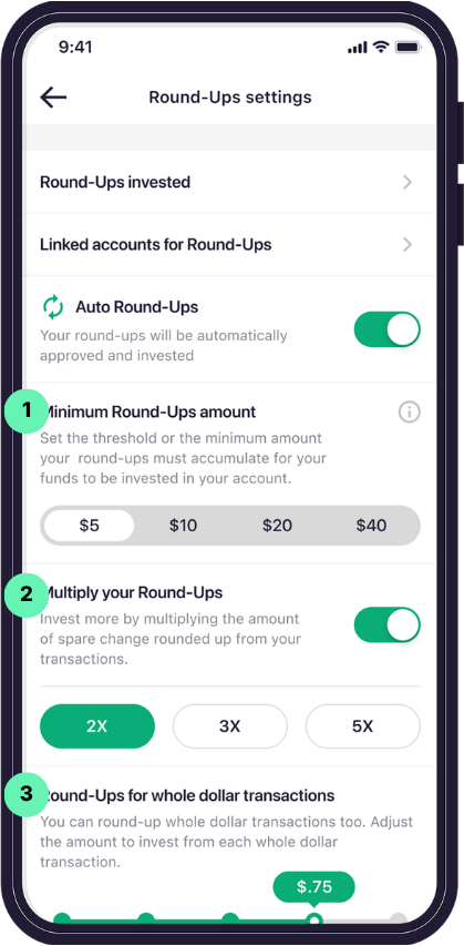 Raiz app Whole Dollar Round-Ups screen