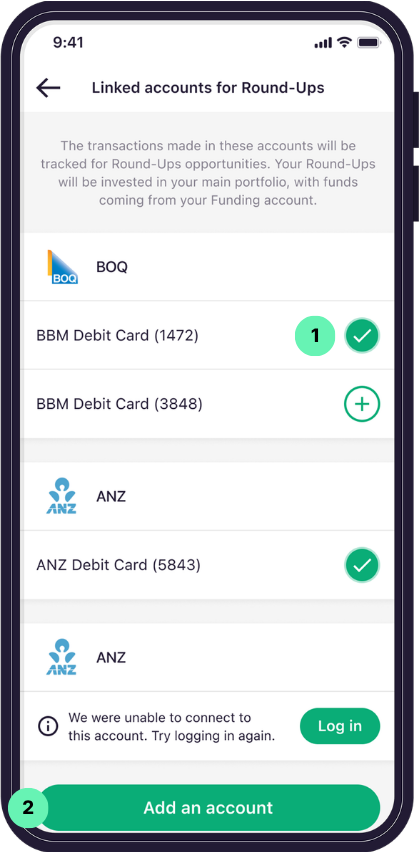 Raiz app Linking and Unlinking Spending Accounts for Round-Ups screen