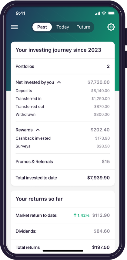Raiz app Past Screen screen