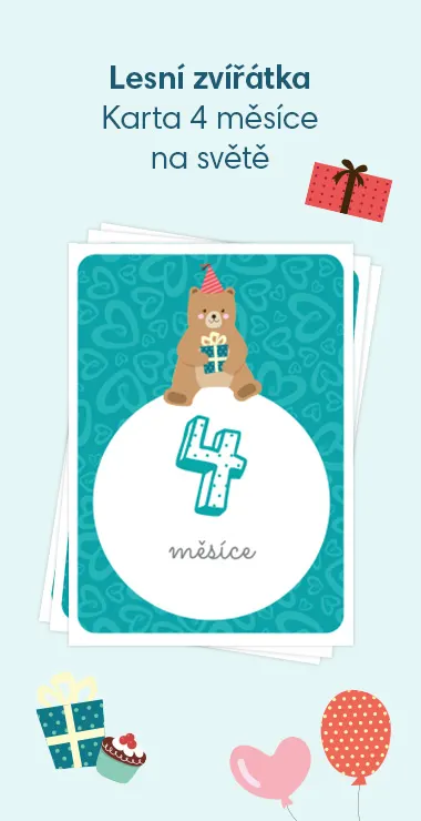 Tištěné karty na oslavu narození miminka. Zdobí je veselé motivy, včetně roztomilého lesního medvěda držícího dárek a nápisu: 4 měsíce na světě!