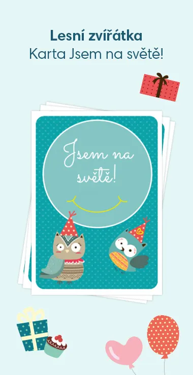 Tištěné karty na oslavu narození miminka. Zdobí je veselé motivy, včetně dvou lesních soviček a nápisu: Jsem na světě!