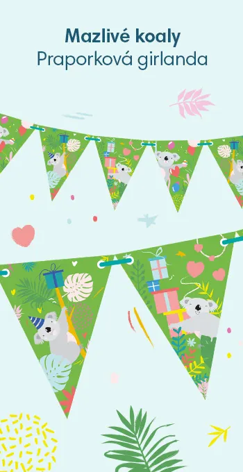 Naši praporkovou girlandu zdobí zábavné ilustrace a motivy. Na zářivě zeleném pozadí se vyjímají barevné rostliny, dárky, balónky a mazlivá koala!