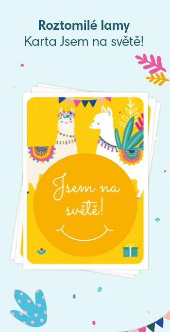 Tištěné karty na oslavu narození miminka. Zdobí je veselé motivy, včetně roztomilé lamy a nápisu: Jsem na světě!